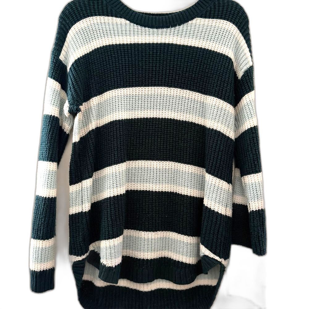 SO Women's Large Striped Knit Sweater Teal Blue White Relaxed